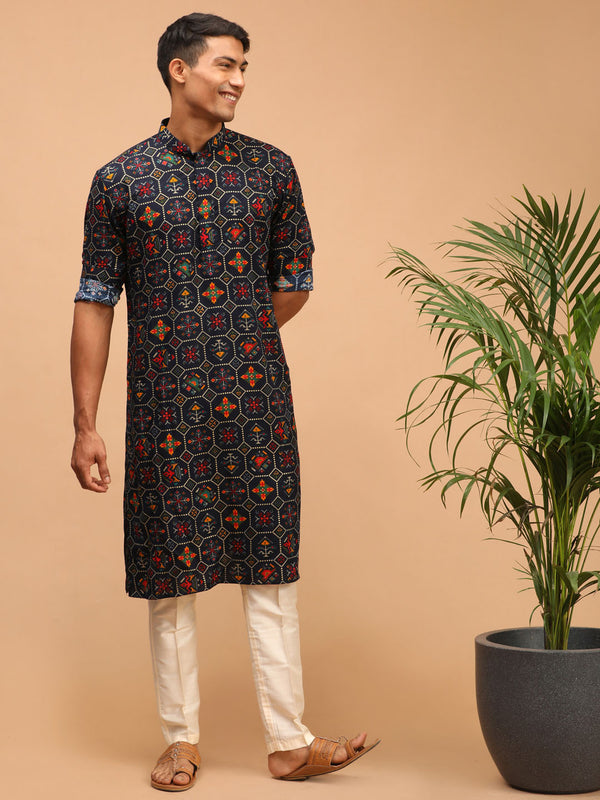 Men's Blue Printed Rayon Kurta With Pant Set