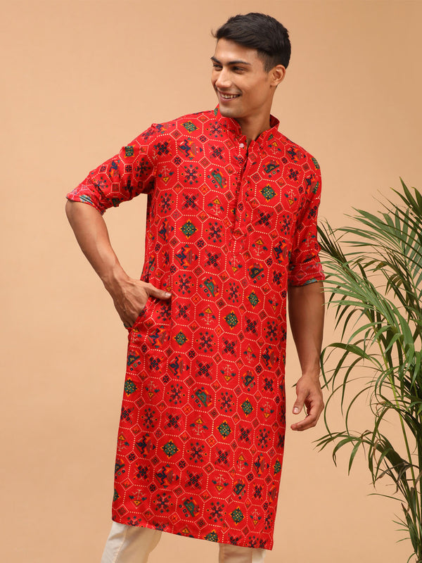 Men's Red Printed Rayon Kurta