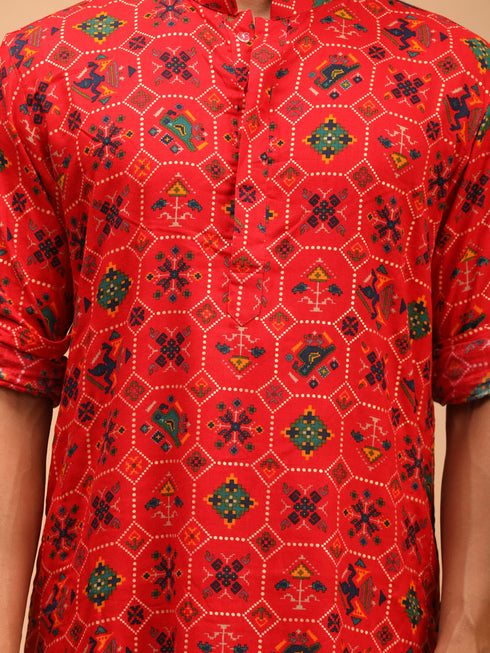 Men's Red Printed Rayon Kurta