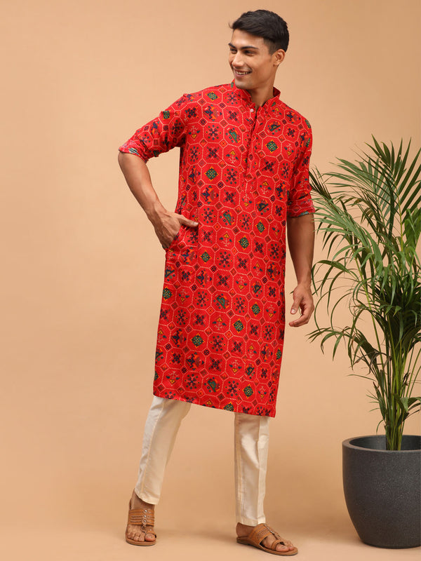 Men's red printed silk blend ethnic kurta for festive celebrations and traditional occasions