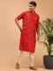 Men's Red & Cream Cotton Blend Patola Kurta & Pyjama Set