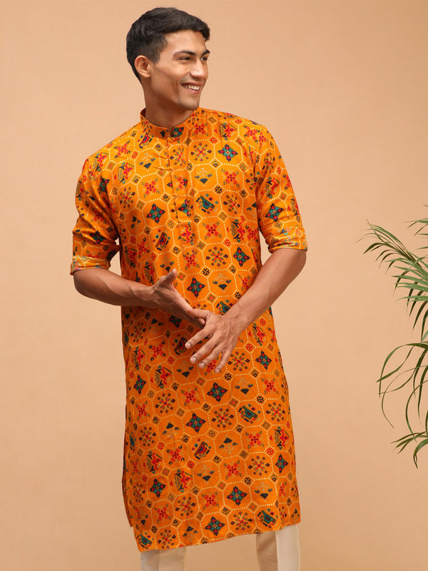 Men's Yellow Printed Rayon Kurta