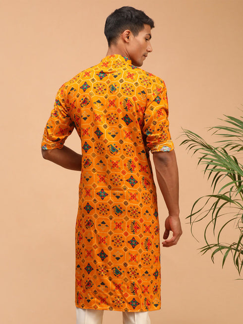 Men's Yellow Printed Rayon Kurta