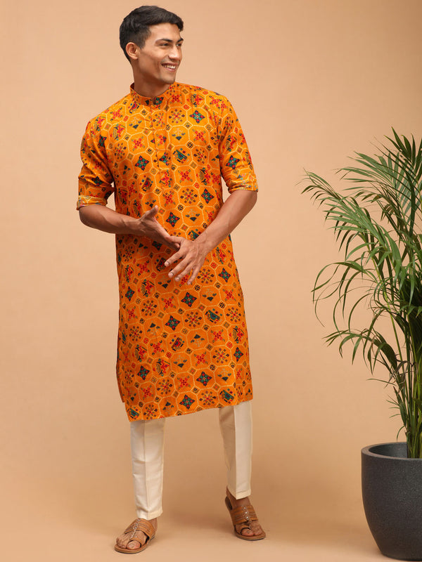 Men's yellow printed silk blend ethnic kurta with mandarin collar for festive and traditional occasions