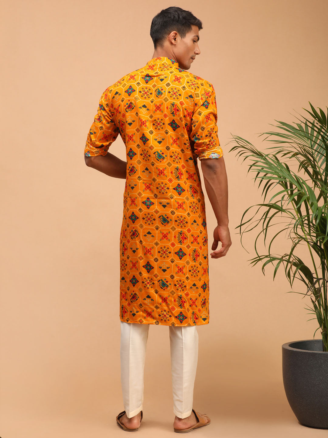 Men's Yellow Printed Rayon Kurta With Pant Set
