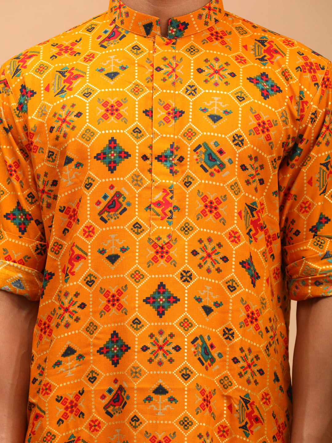 Men's Yellow Printed Rayon Kurta With Pant Set