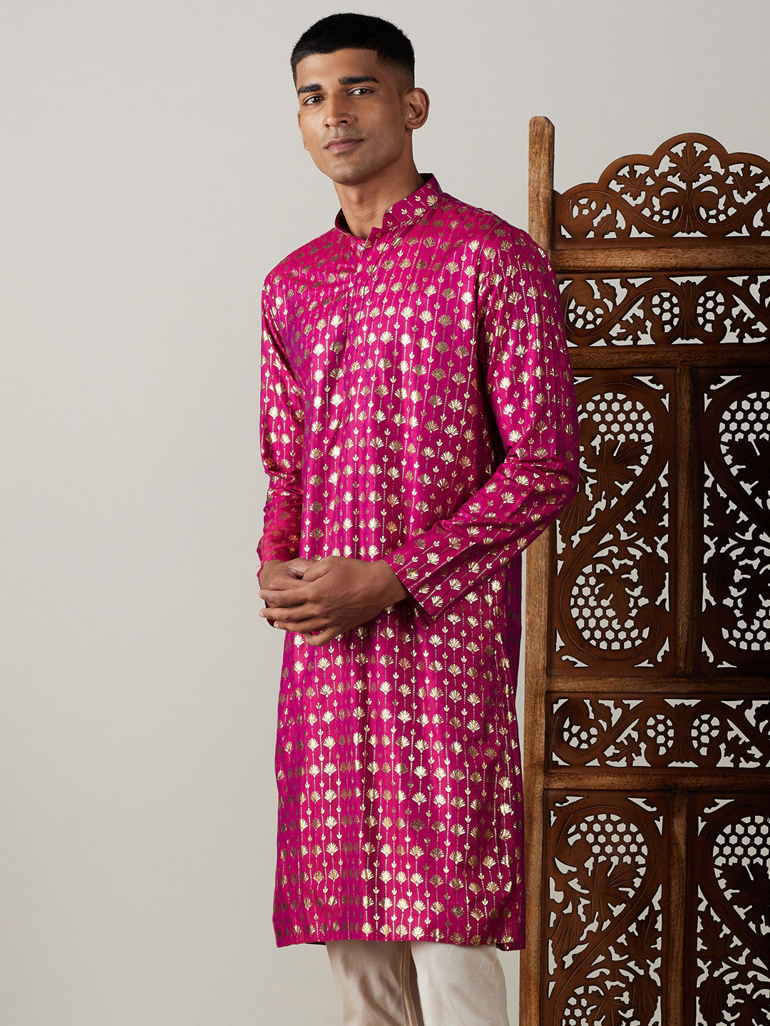 Men's Dark Pink Foil Printed Kurta