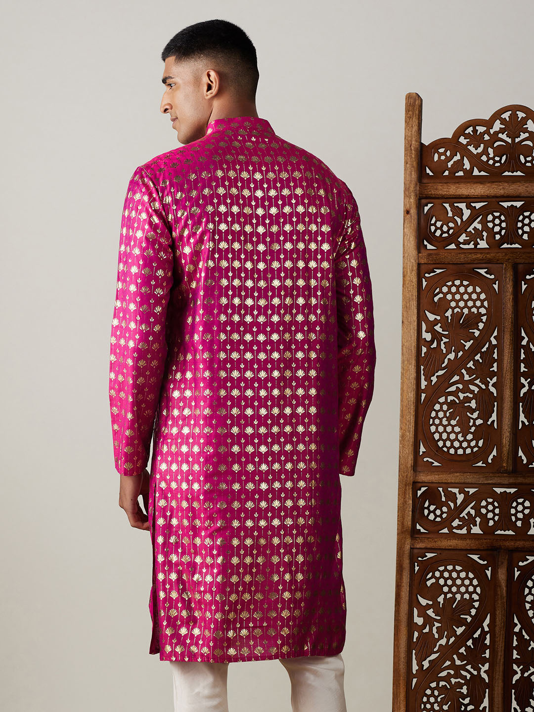 Men's Dark Pink Foil Printed Kurta