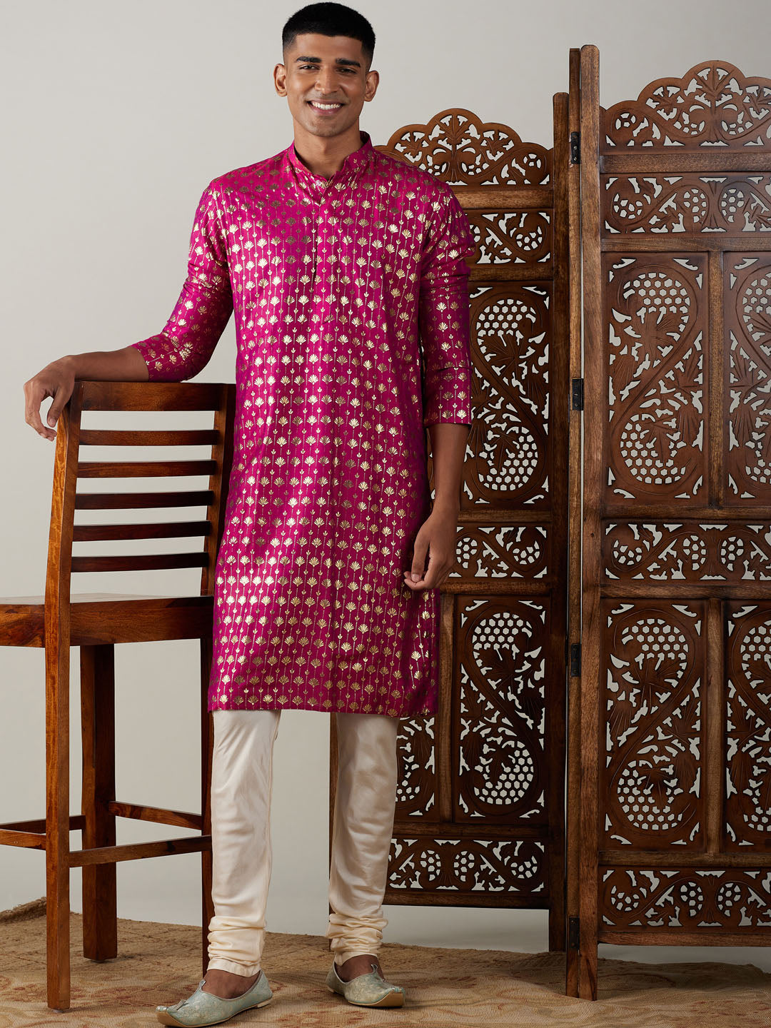 Men's Dark Pink Foil Printed Kurta