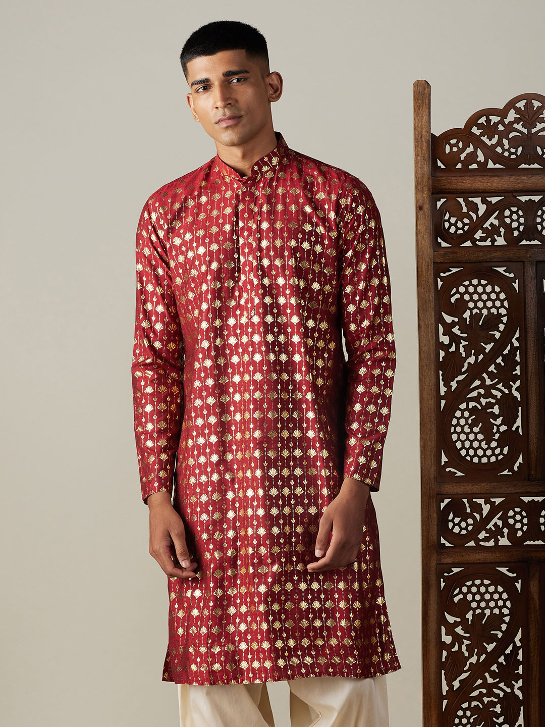 Men's Maroon Foil Printed Kurta