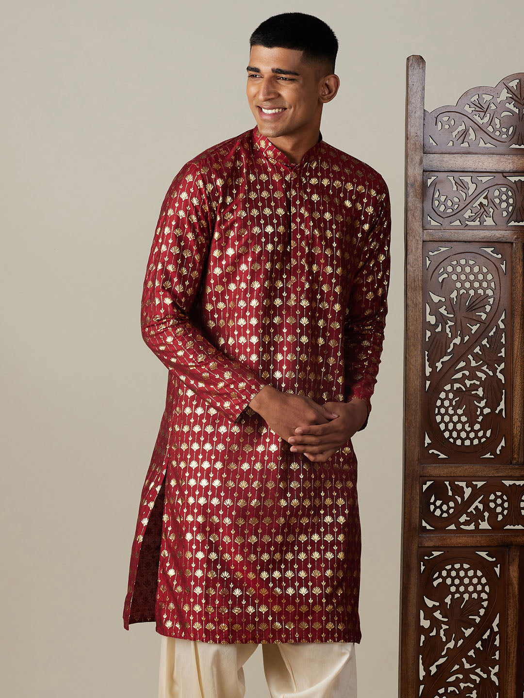 Men's Maroon Foil Printed Kurta