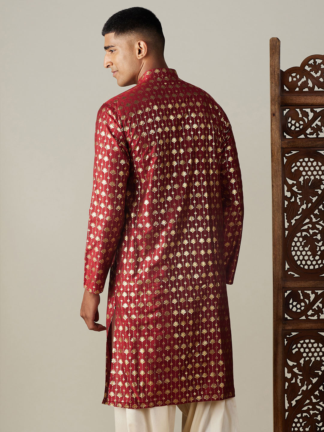 Men's Maroon Foil Printed Kurta