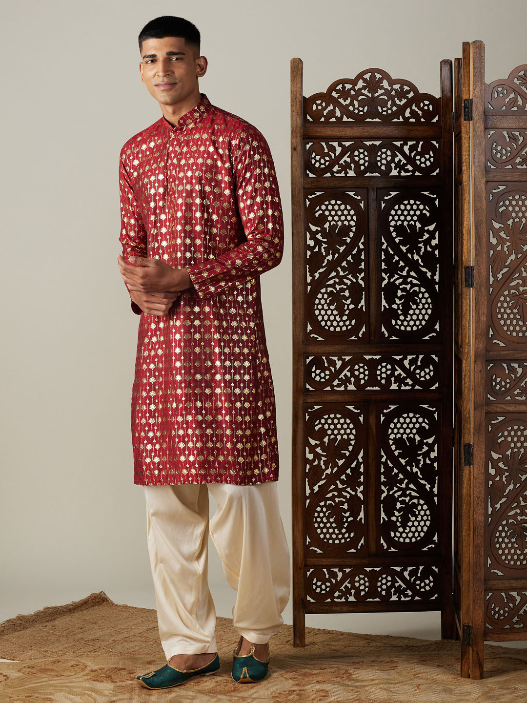 Men's Maroon Foil Printed Kurta