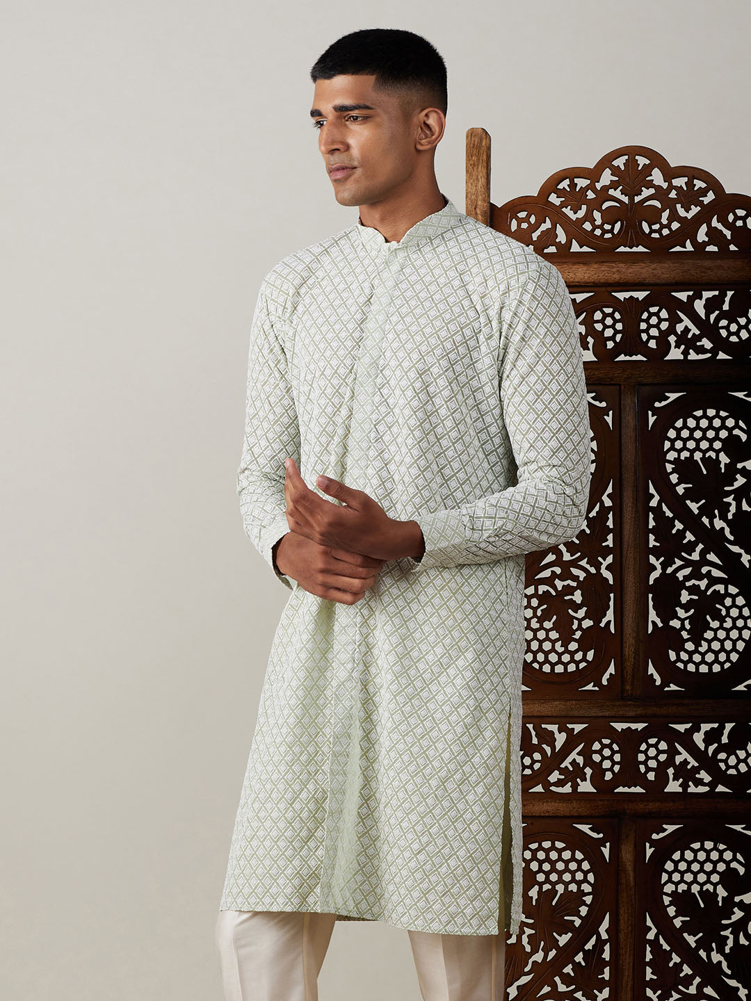 Men's Green Chikankari Front Open Kurta