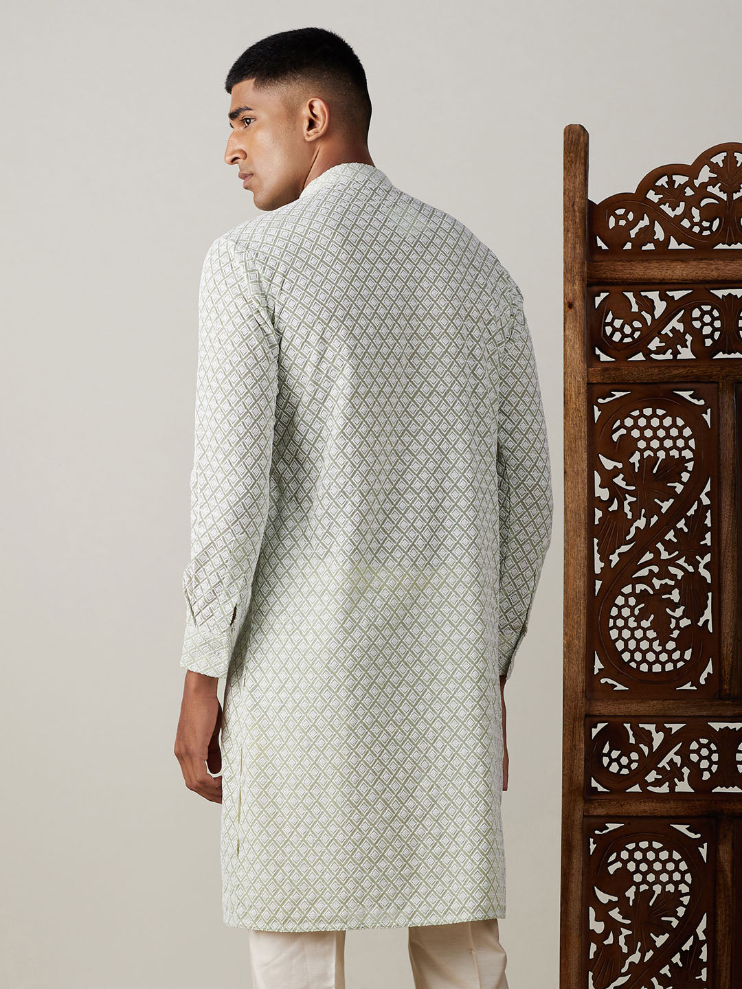 Men's Green Chikankari Front Open Kurta
