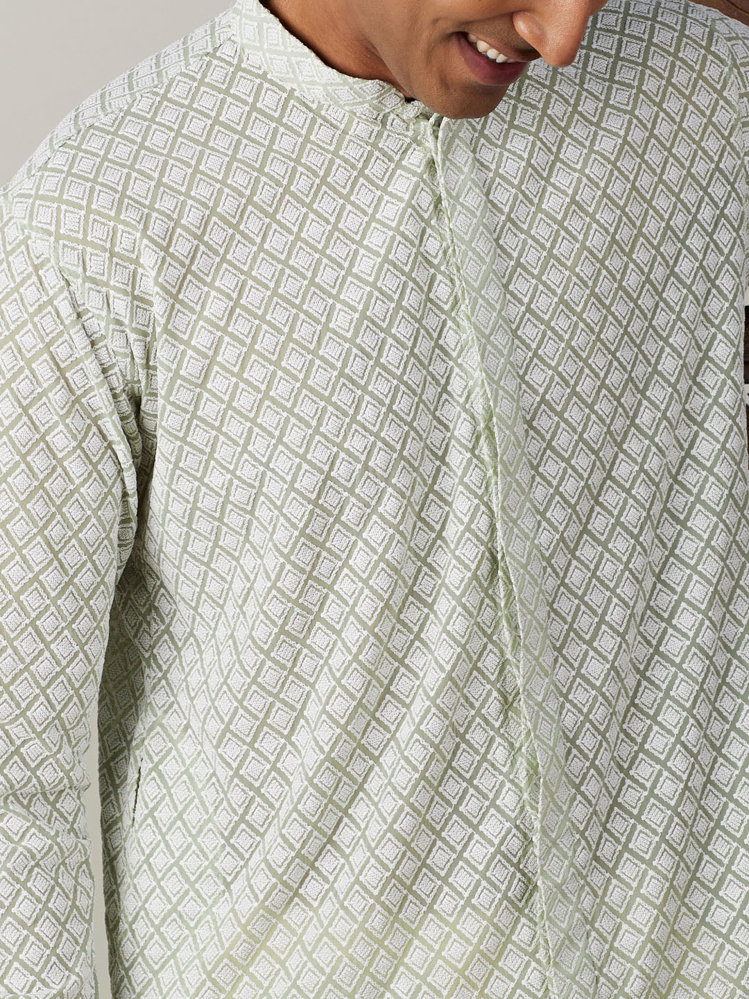 Men's Green Chikankari Front Open Kurta