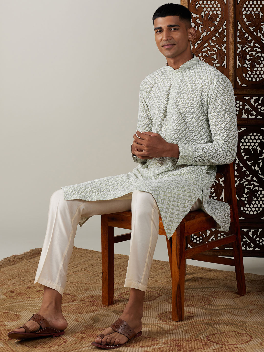 Men's Green Chikankari Front Open Kurta