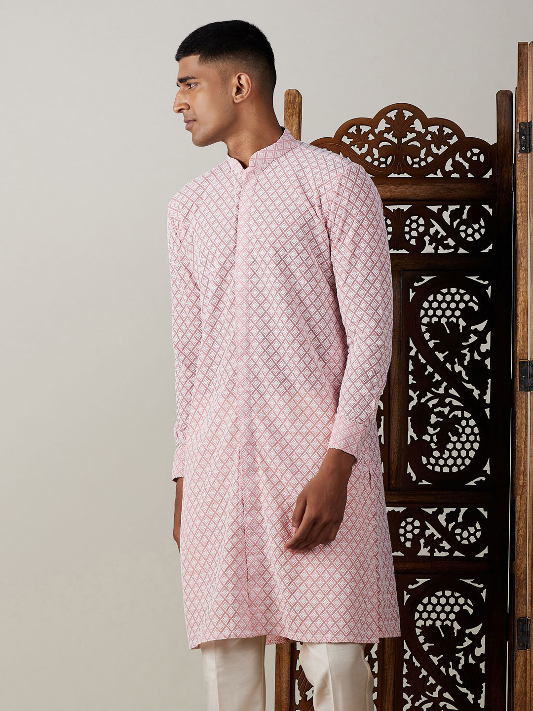 Men's Pink Chikankari Front Open Kurta