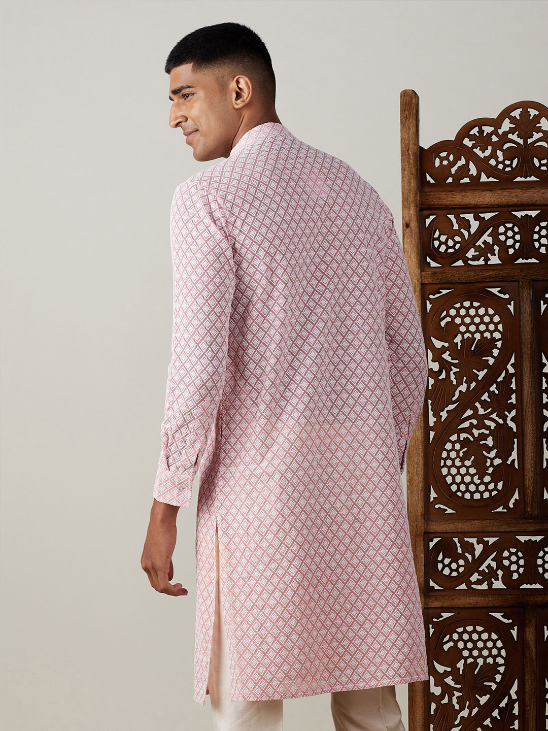 Men's Pink Chikankari Front Open Kurta