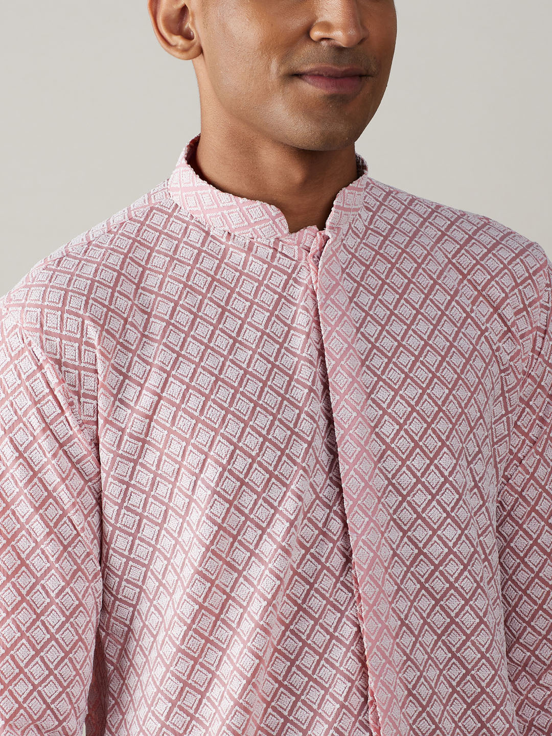 Men's Pink Chikankari Front Open Kurta