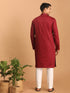 Men's Maroon Cotton Blend Solid Kurta With White Pant Set