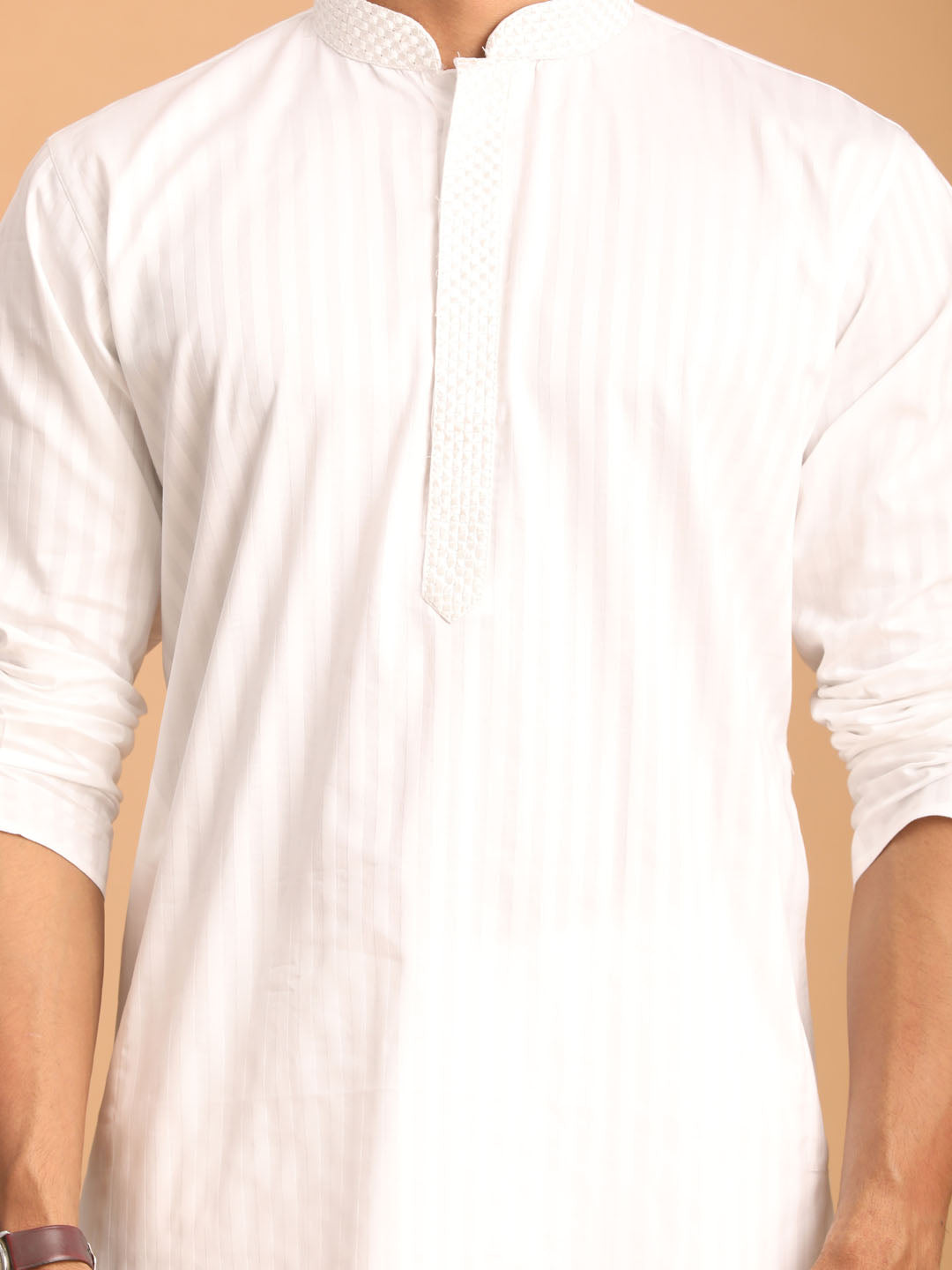Men's White Cotton Blend Solid Kurta With White Pant Set