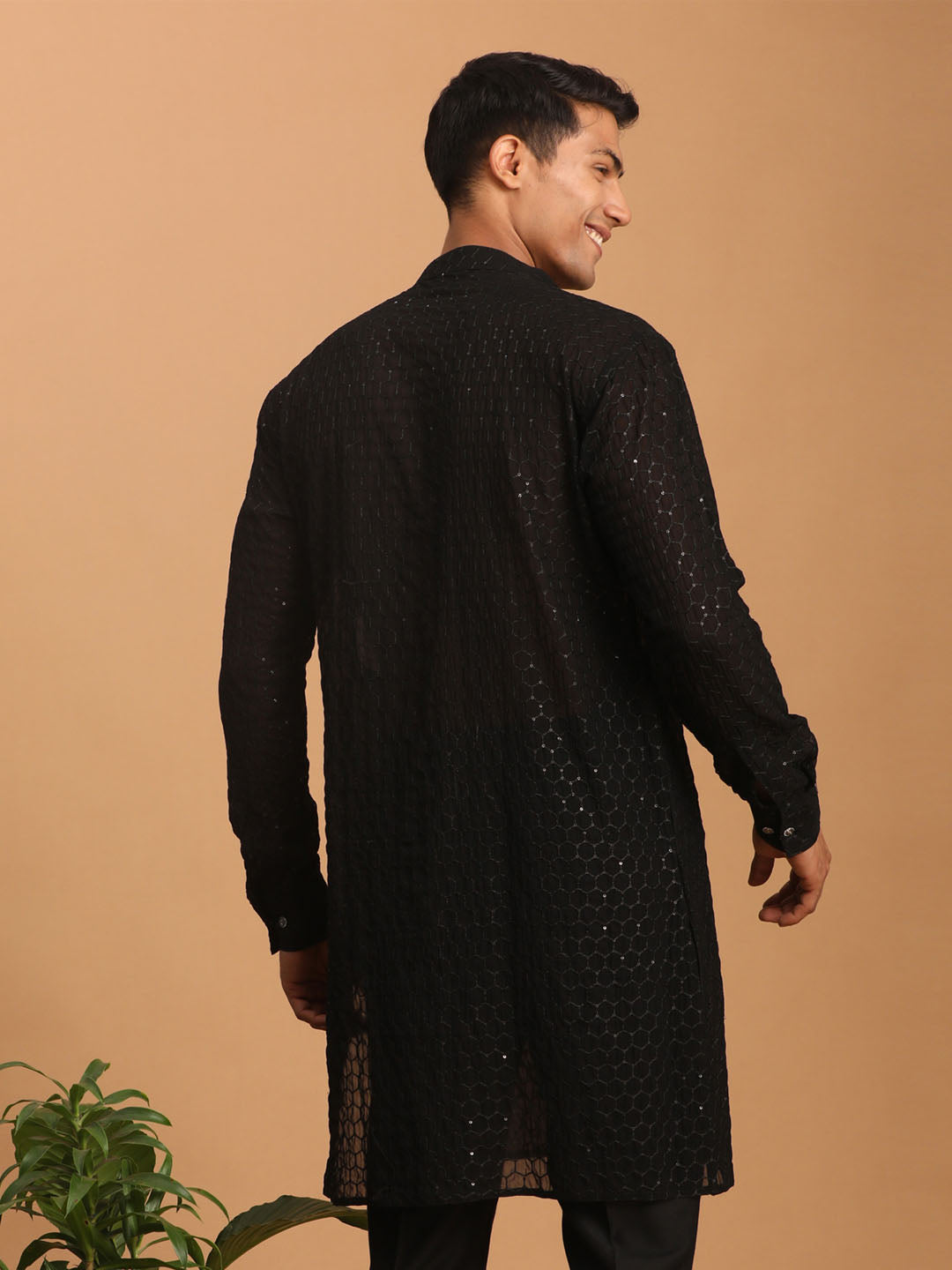 Men's Black Sequined Front Open Georgette Kurta