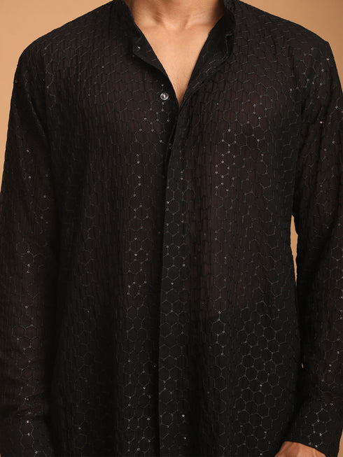 Men's Black Sequined Front Open Georgette Kurta