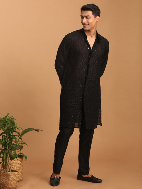 Men's Black Sequined Front Open Georgette Kurta With Pant