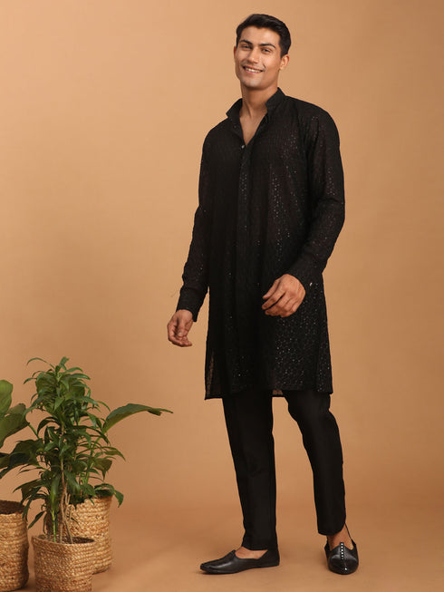 Men's Black Sequined Front Open Georgette Kurta With Pant