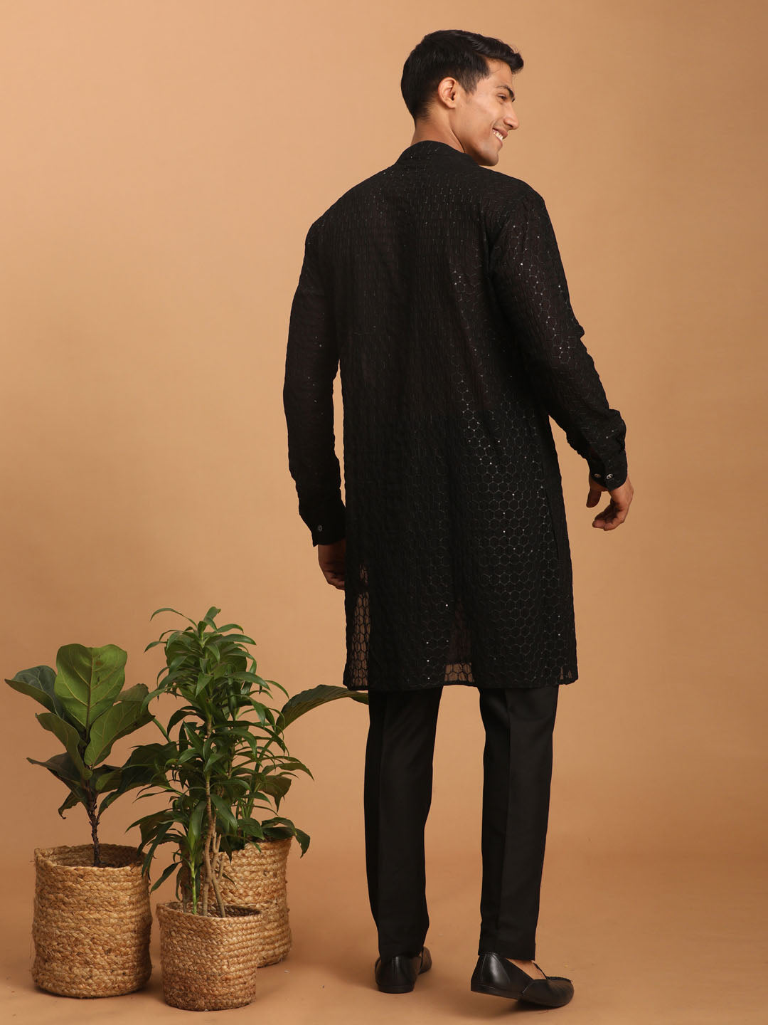 Men's Black Sequined Front Open Georgette Kurta With Pant