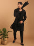 Men's Black Sequined Front Open Georgette Kurta With Pant And Dupatta Set