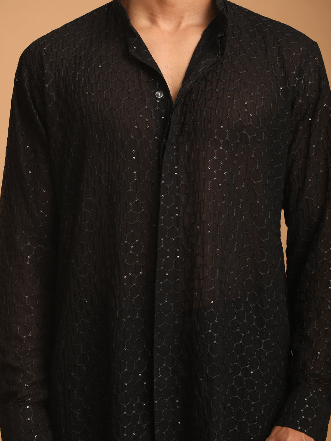 Men's Black Sequined Front Open Georgette Kurta With Pant And Dupatta Set