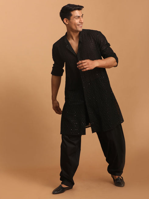 Men's Black Sequined Front Open Georgette Kurta With Patiala
