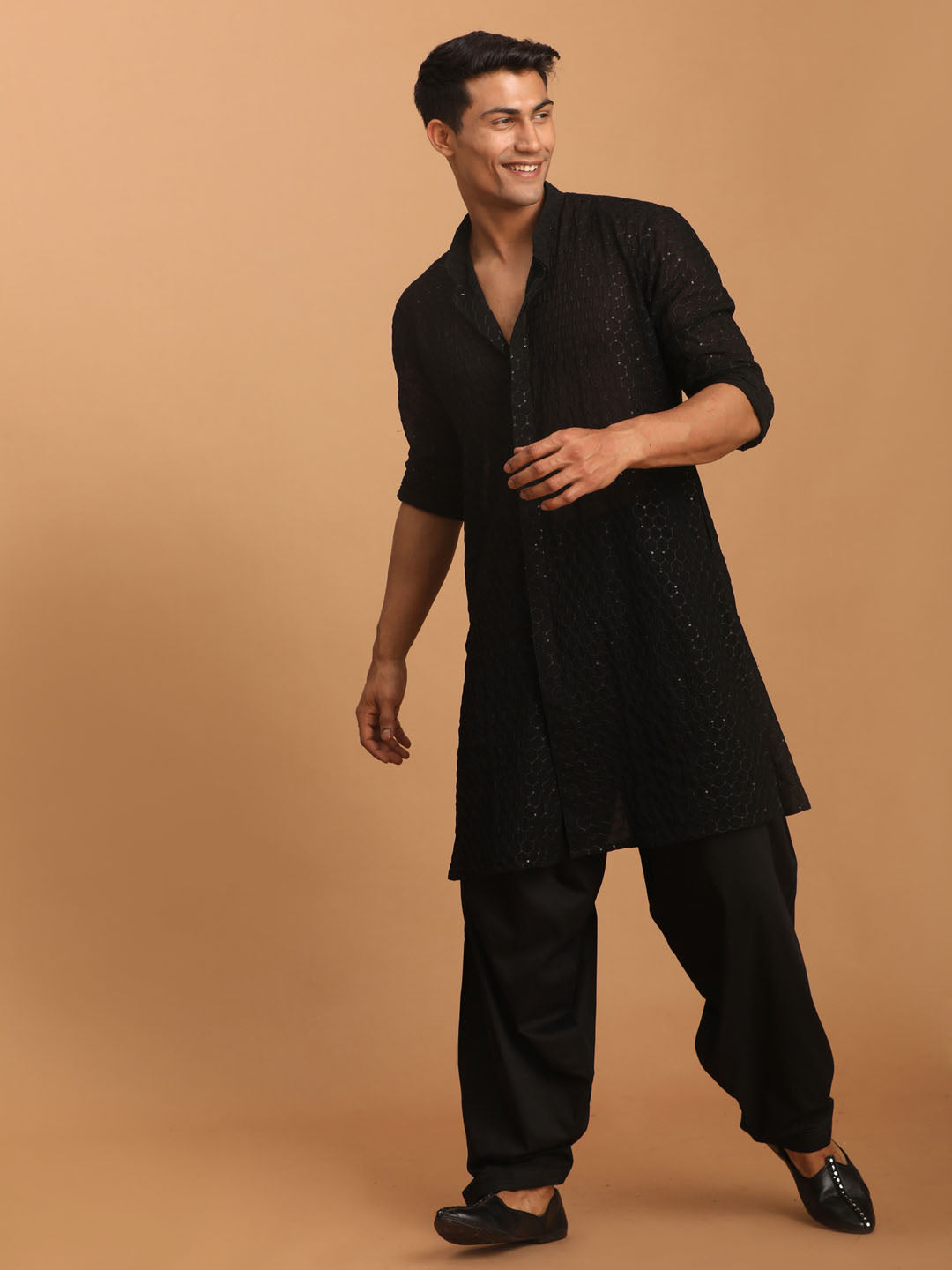 Men's Black Sequined Front Open Georgette Kurta With Patiala