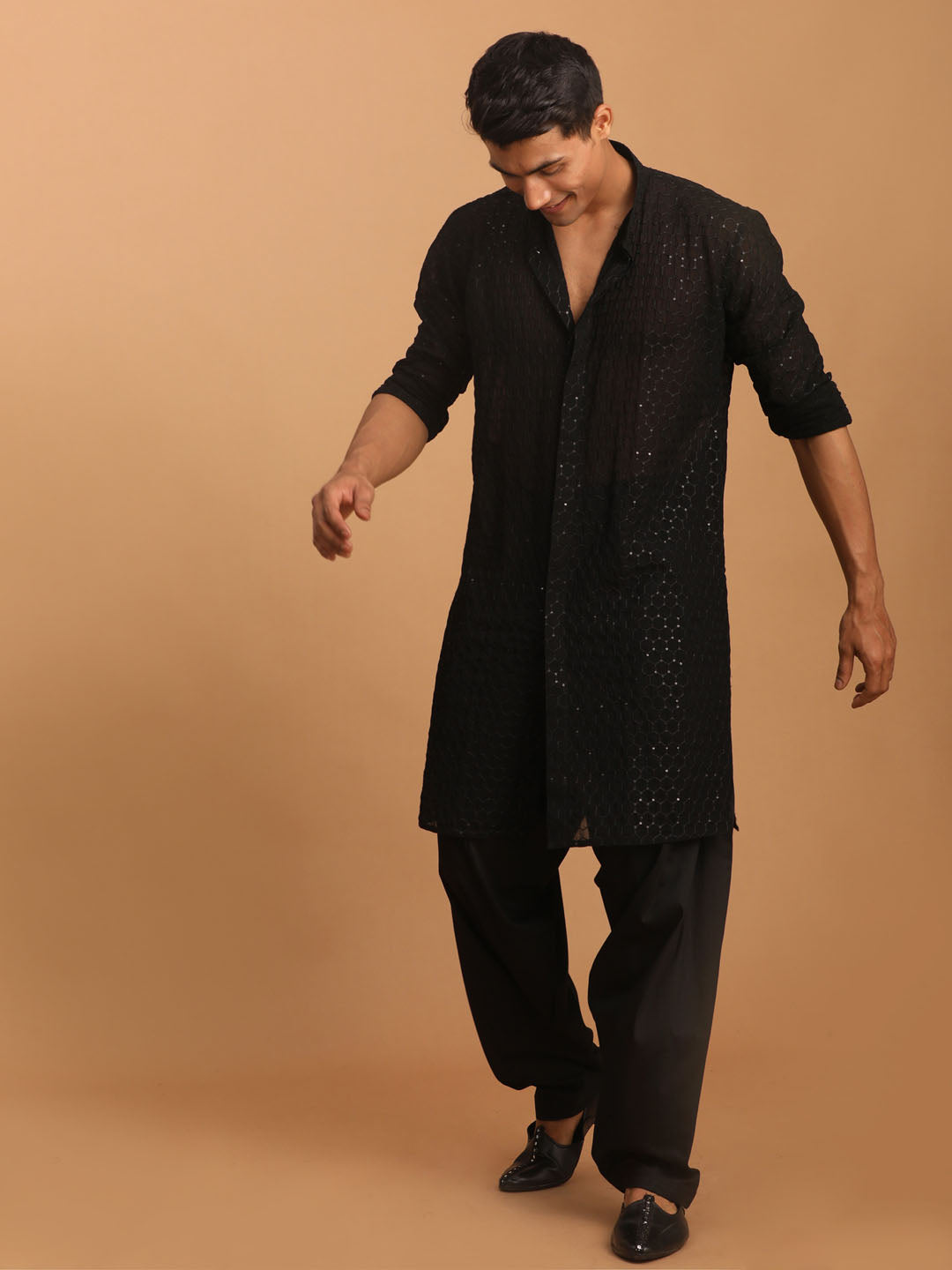 Men's Black Sequined Front Open Georgette Kurta With Patiala