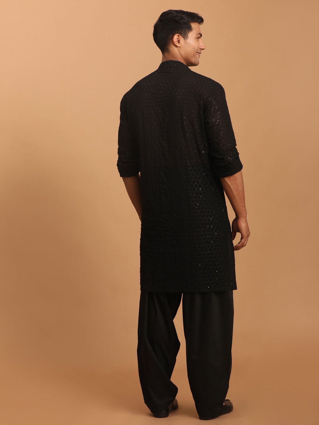 Men's Black Sequined Front Open Georgette Kurta With Patiala And Dupatta Set