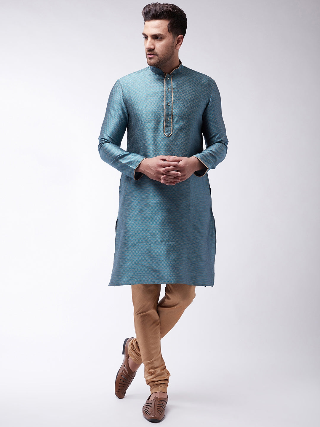 Men's Aqua And Rose Gold Silk Blend Kurta With Churidar Set