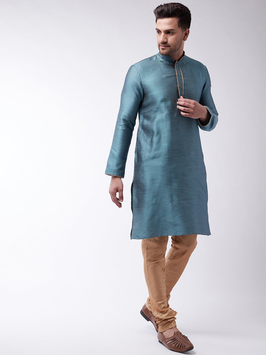 Men's Aqua And Rose Gold Silk Blend Kurta With Churidar Set