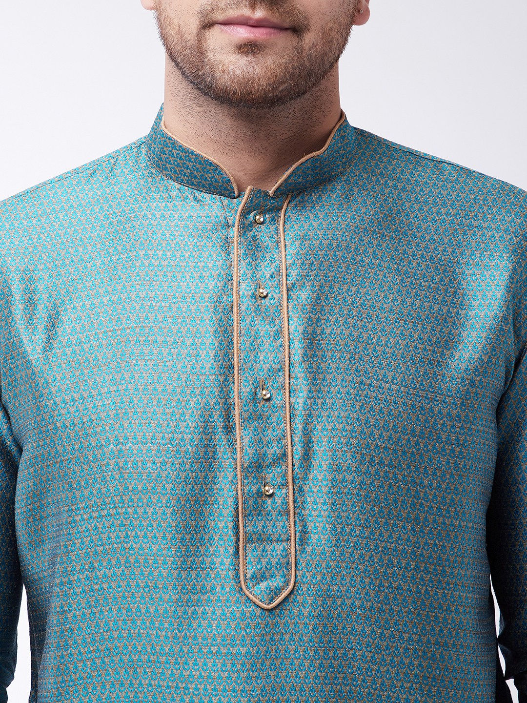 Men's Aqua And Rose Gold Silk Blend Kurta With Churidar Set