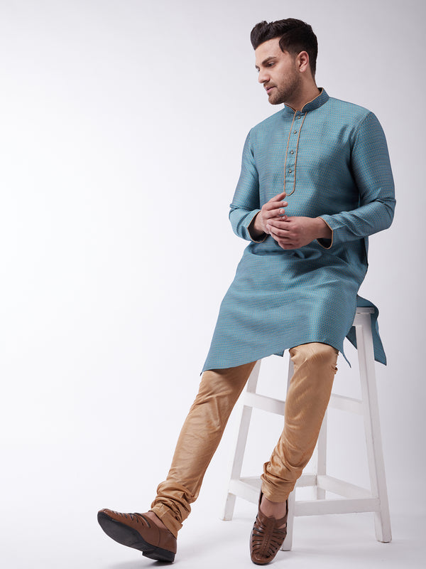 Men's Aqua And Rose Gold Silk Blend Kurta With Churidar Set