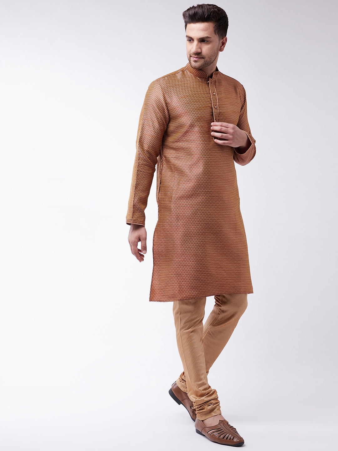 Men's Maroon And Rose Gold Silk Blend Kurta With Churidar Set