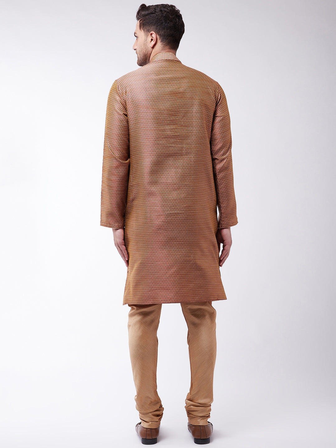 Men's Maroon And Rose Gold Silk Blend Kurta With Churidar Set