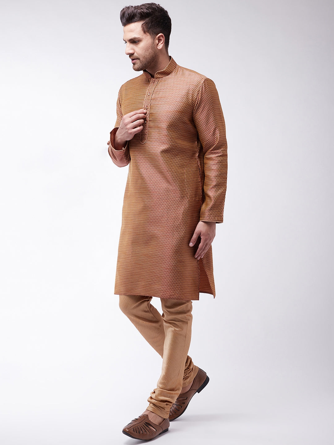 Men's Maroon And Rose Gold Silk Blend Kurta With Churidar Set