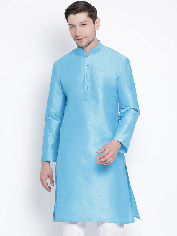 VASTRAMAY Men's Light Blue Cotton Silk Blend Kurta