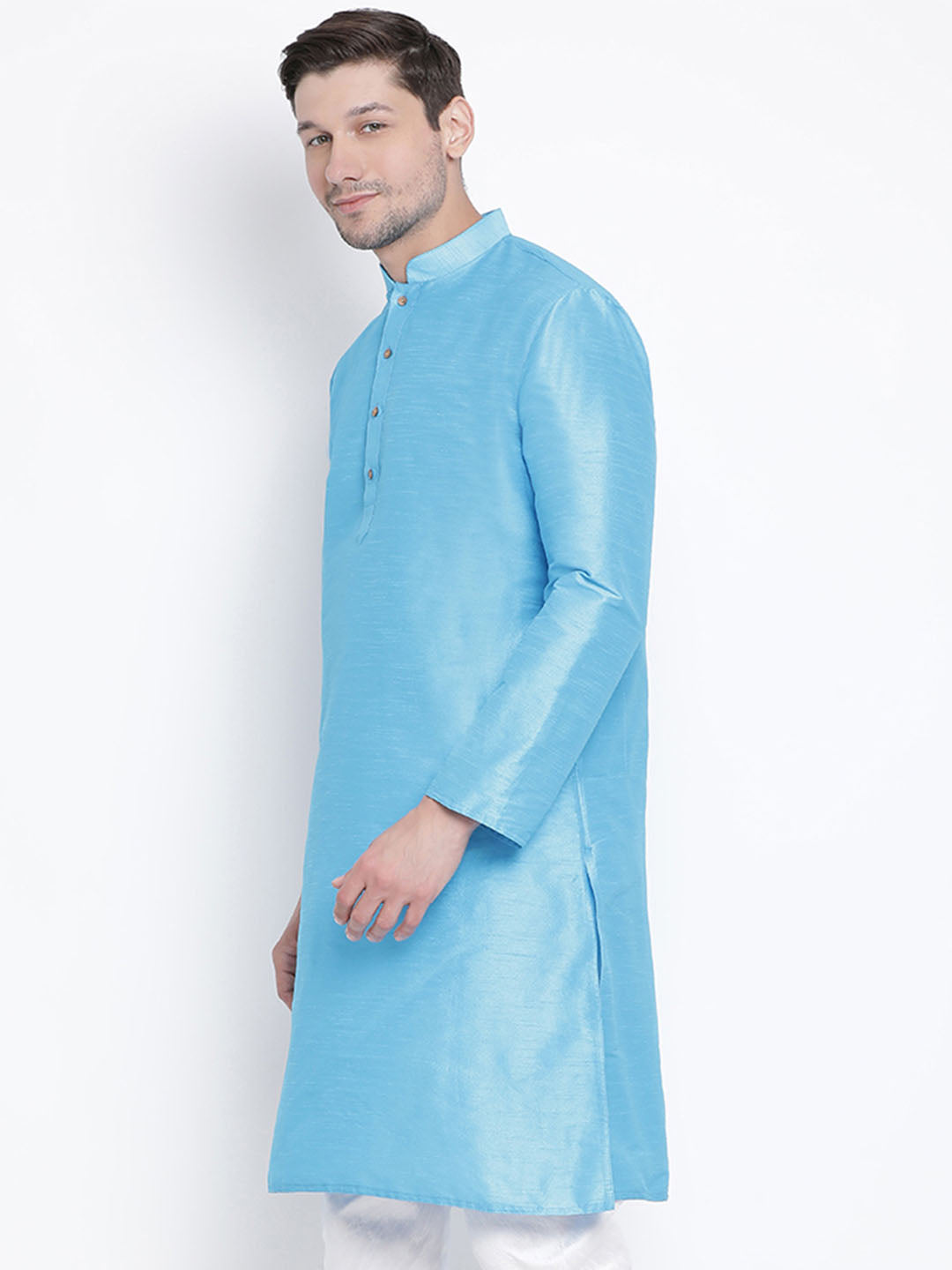 VASTRAMAY Men's Light Blue Cotton Silk Blend Kurta