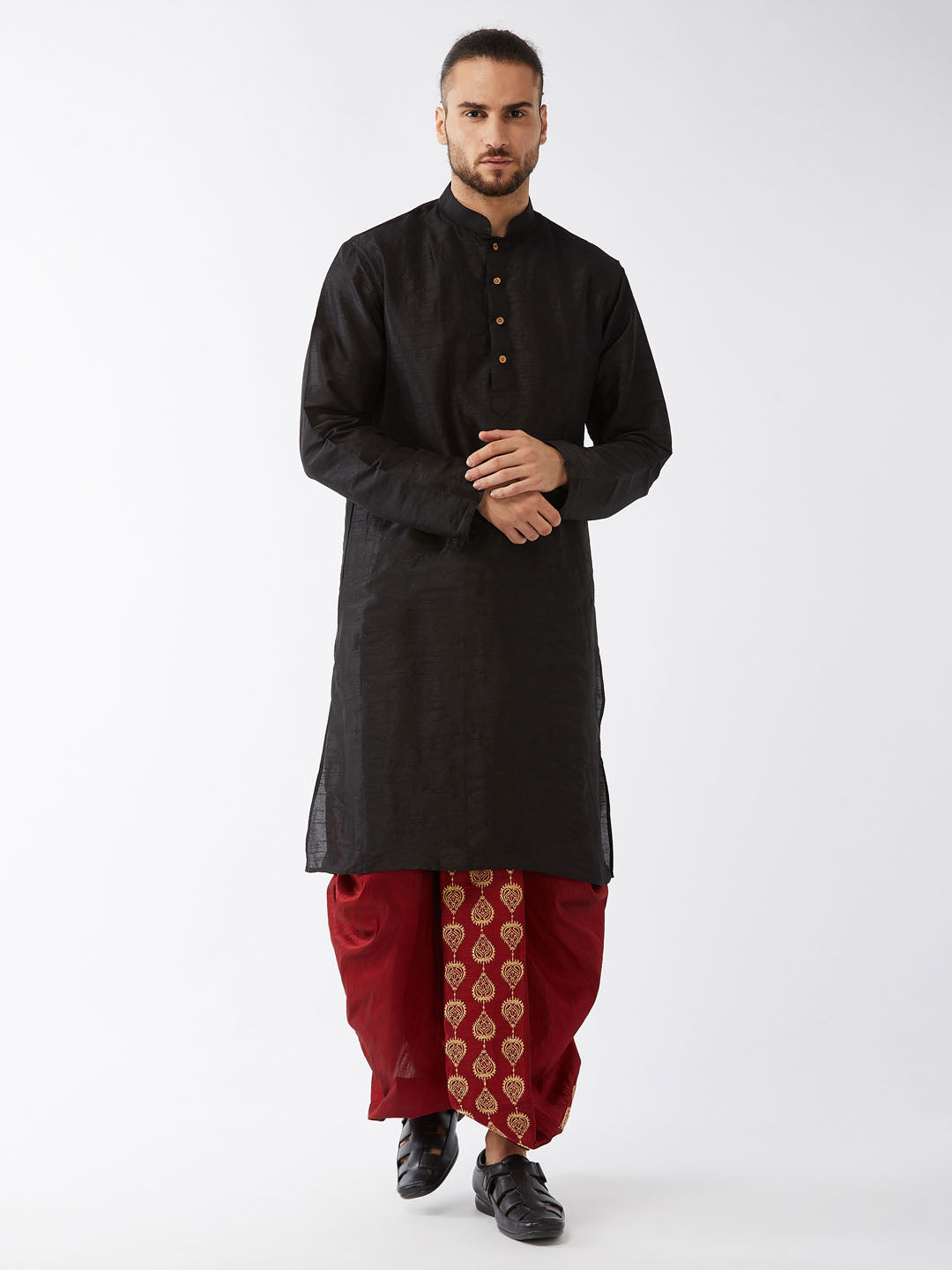 Men's Black And Maroon Silk Blend Kurta And Dhoti Set