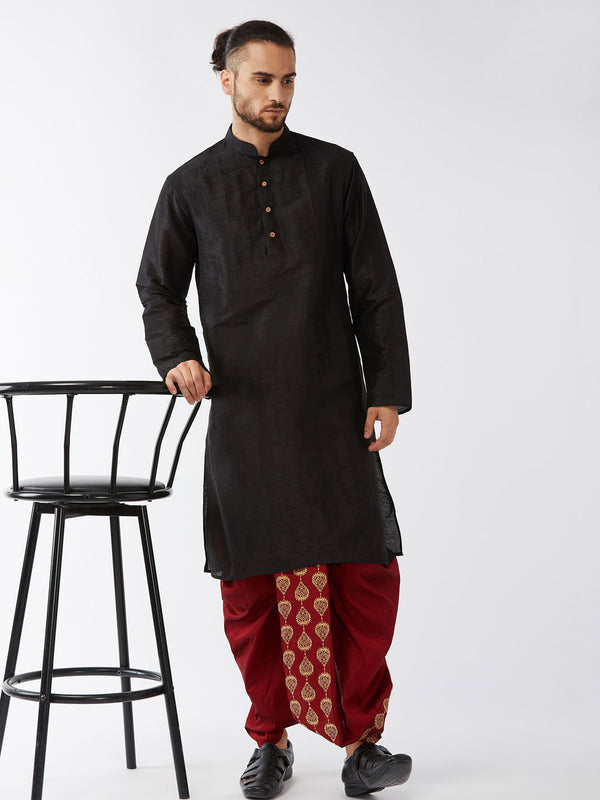 Men's Black And Maroon Silk Blend Kurta And Dhoti Set