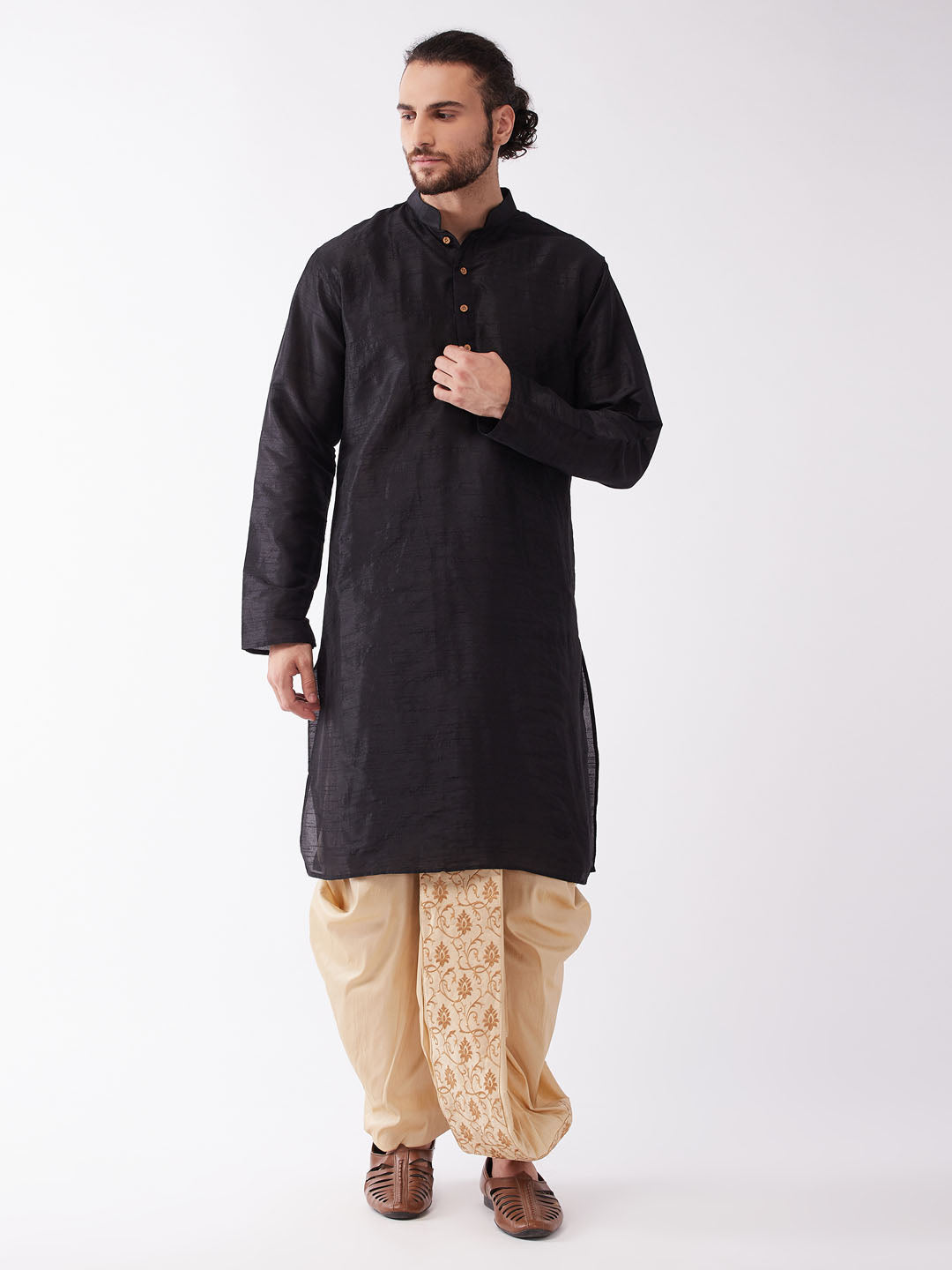 Men's Black And Gold Silk Blend Kurta And Dhoti Set
