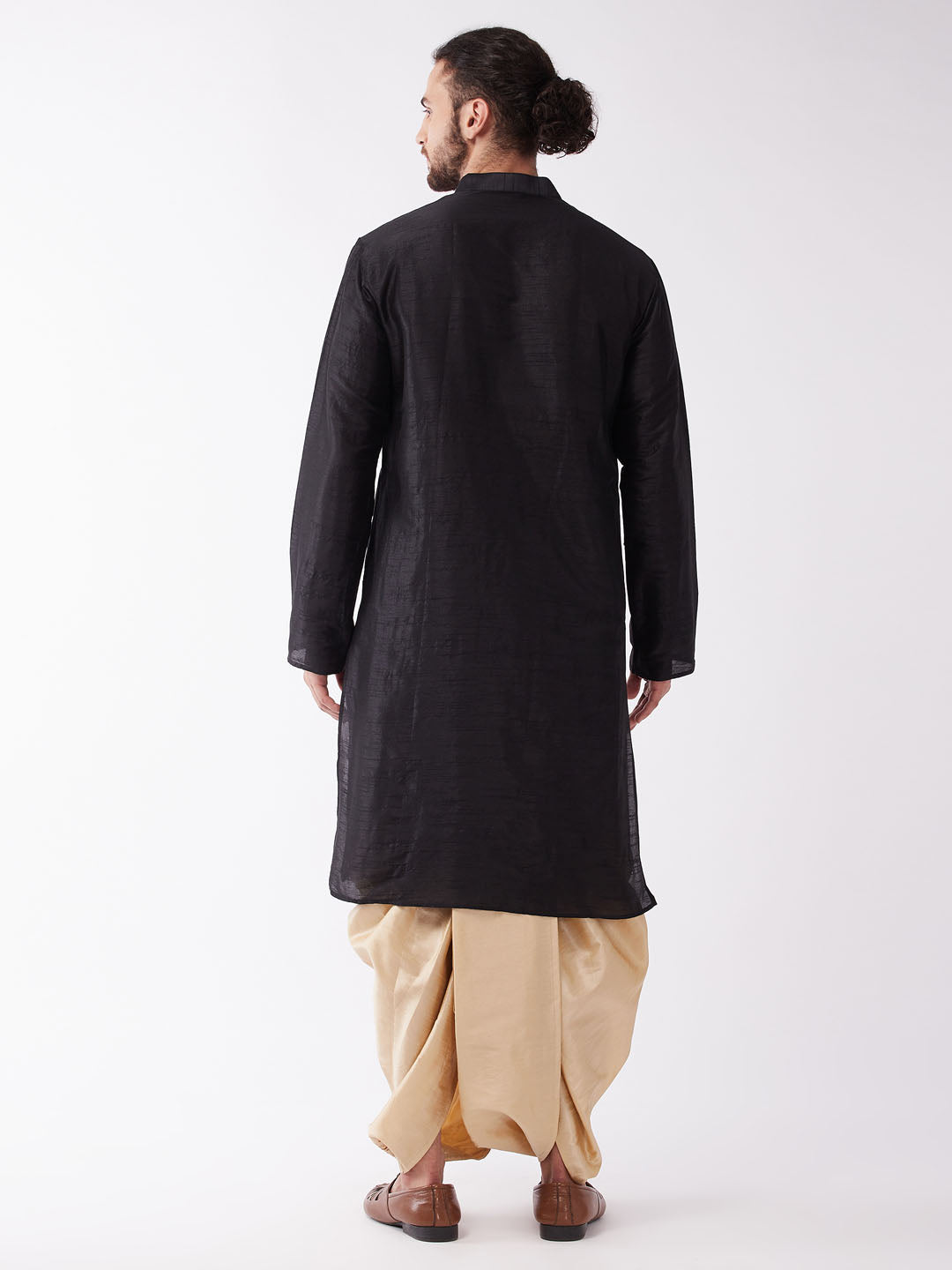 Men's Black And Gold Silk Blend Kurta And Dhoti Set